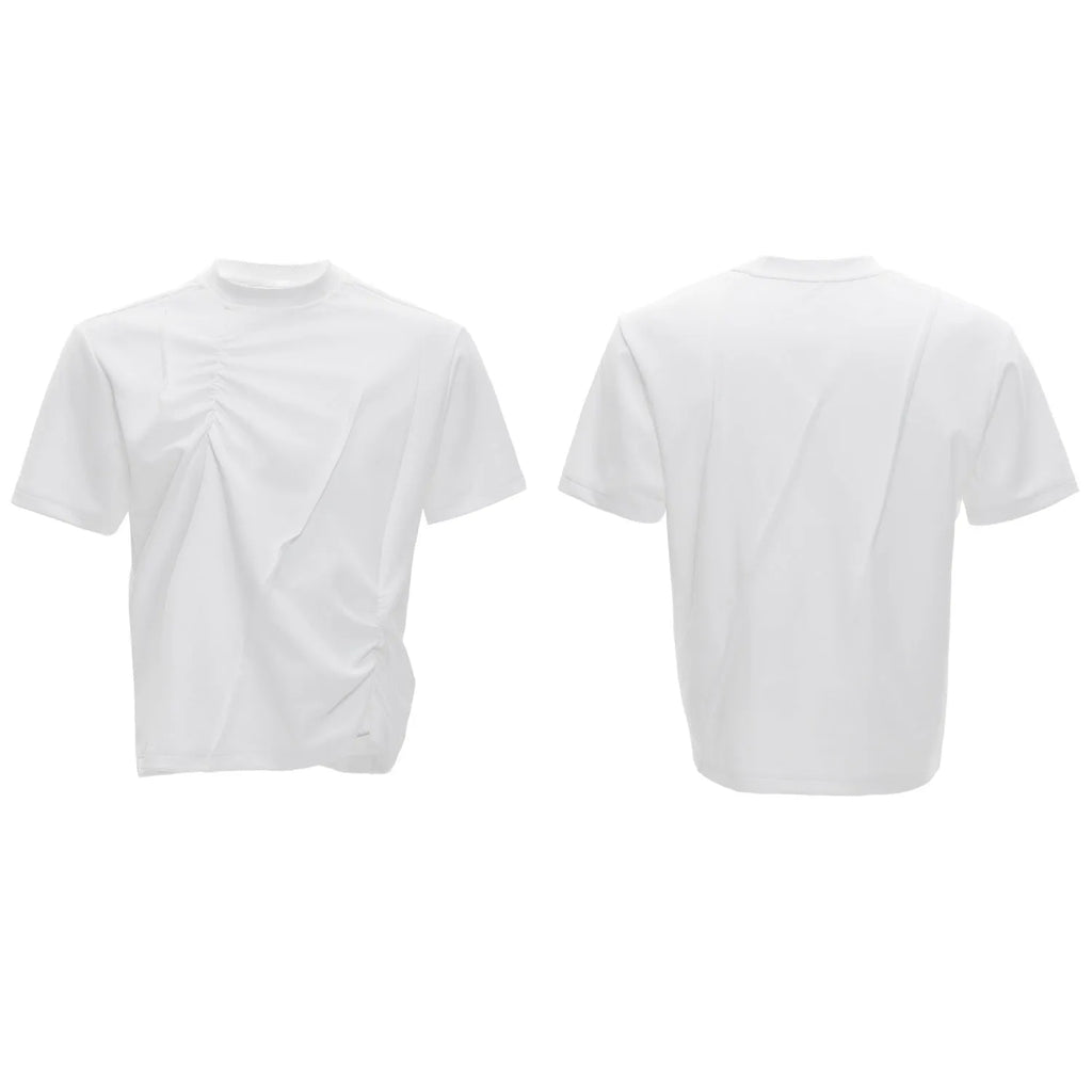 Men's white cotton T-shirt with three-dimensional pleated design and asymmetric stitching details