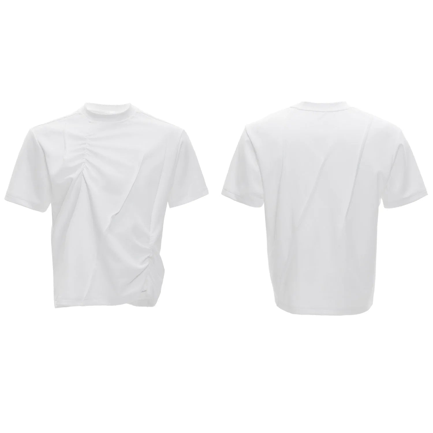 Men's white cotton T-shirt with three-dimensional pleated design and asymmetric stitching details