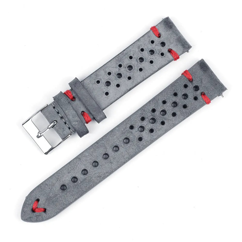 Handmade retro genuine leather watch band with stitched line, shown in dark grey, khaki and brown options