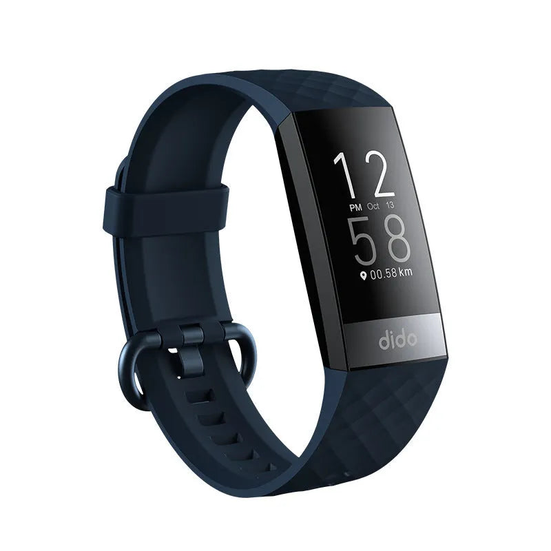 Black smart health monitoring bracelet with a 1.1-inch screen on a wrist strap.