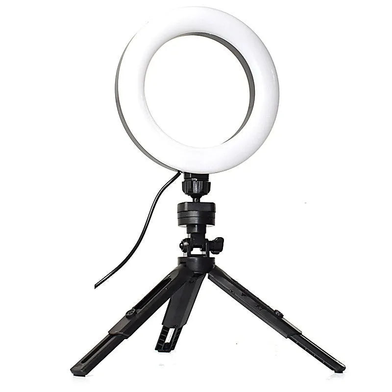 Black mobile live streaming bracket with adjustable fill light mounted on desktop tripod for smartphones