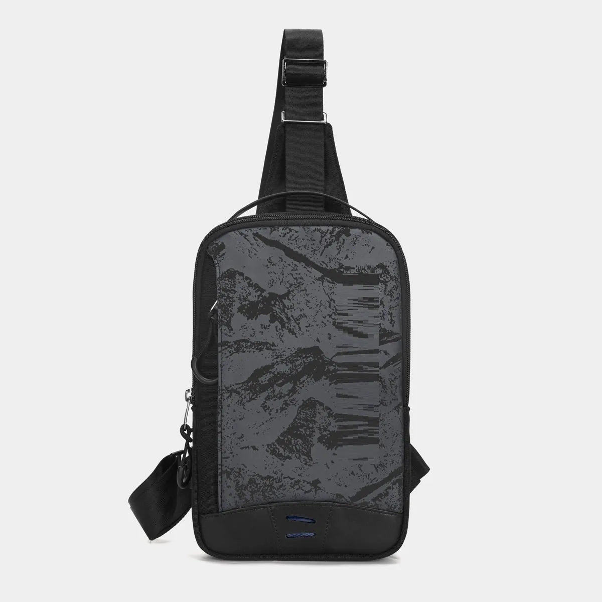 Casual black camouflage pattern chest bag with a shoulder strap, shown in a square vertical shape.