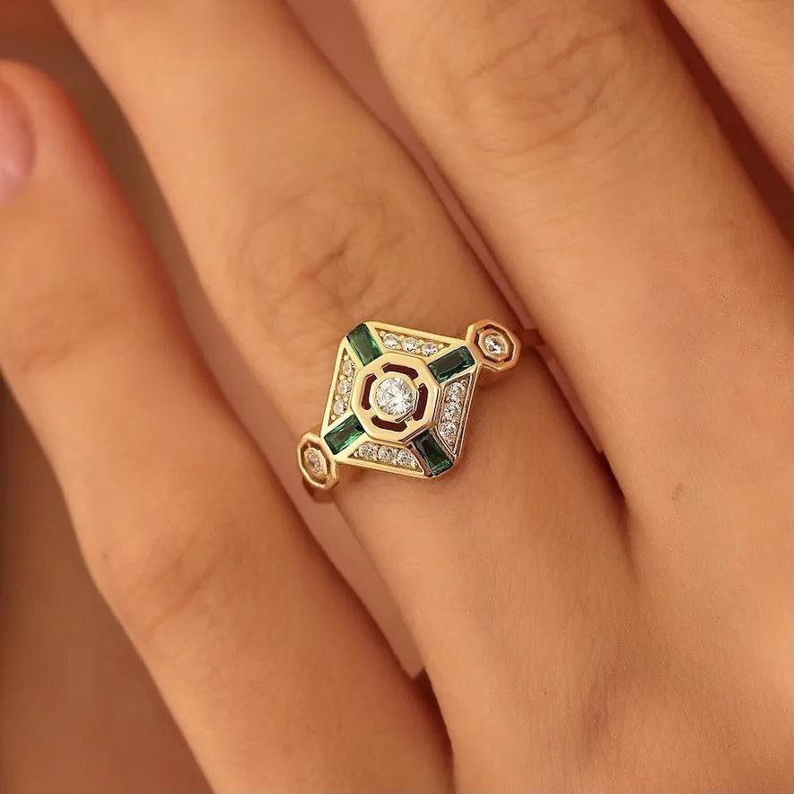 INS style emerald diamond ring with geometric square design in lvzuan colour on women's hand
