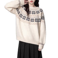 Women's Fair Isle crew neck pullover sweater with geometric pattern in milky white colour