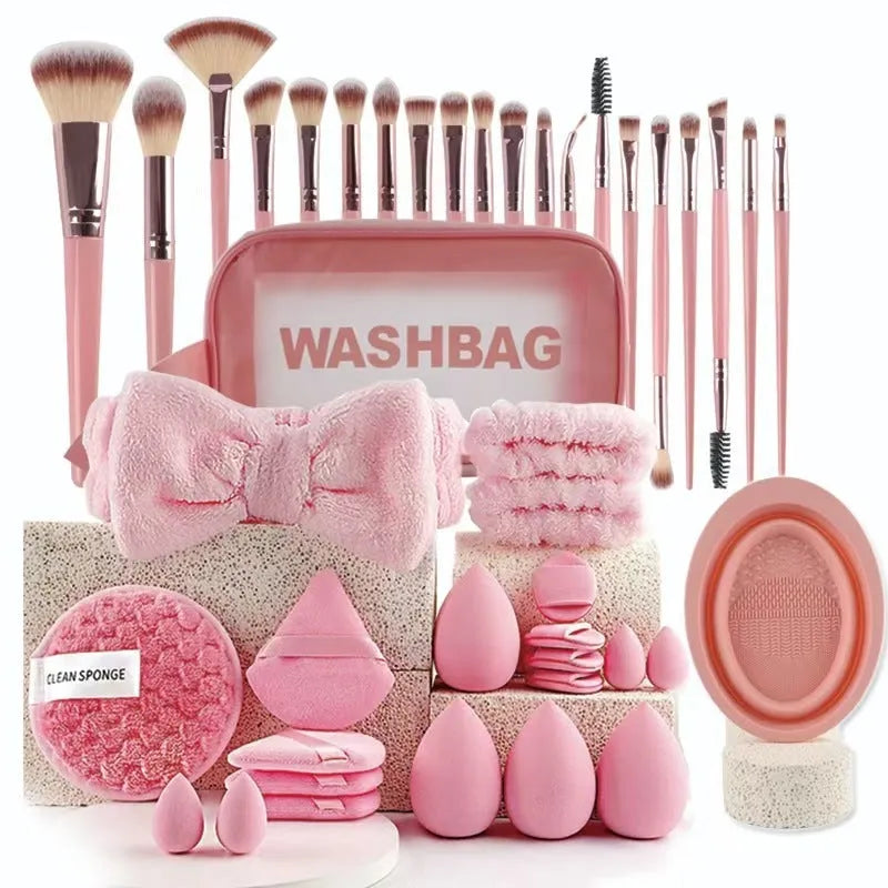 Beauty tool set with hydrophilic non-latex materials in brown, pink, and purple colours showing multiple specification options