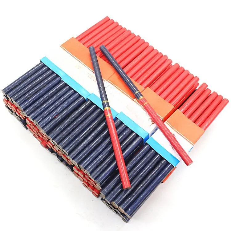 Ten red and blue two-colour carpenter's pencils with round wooden construction