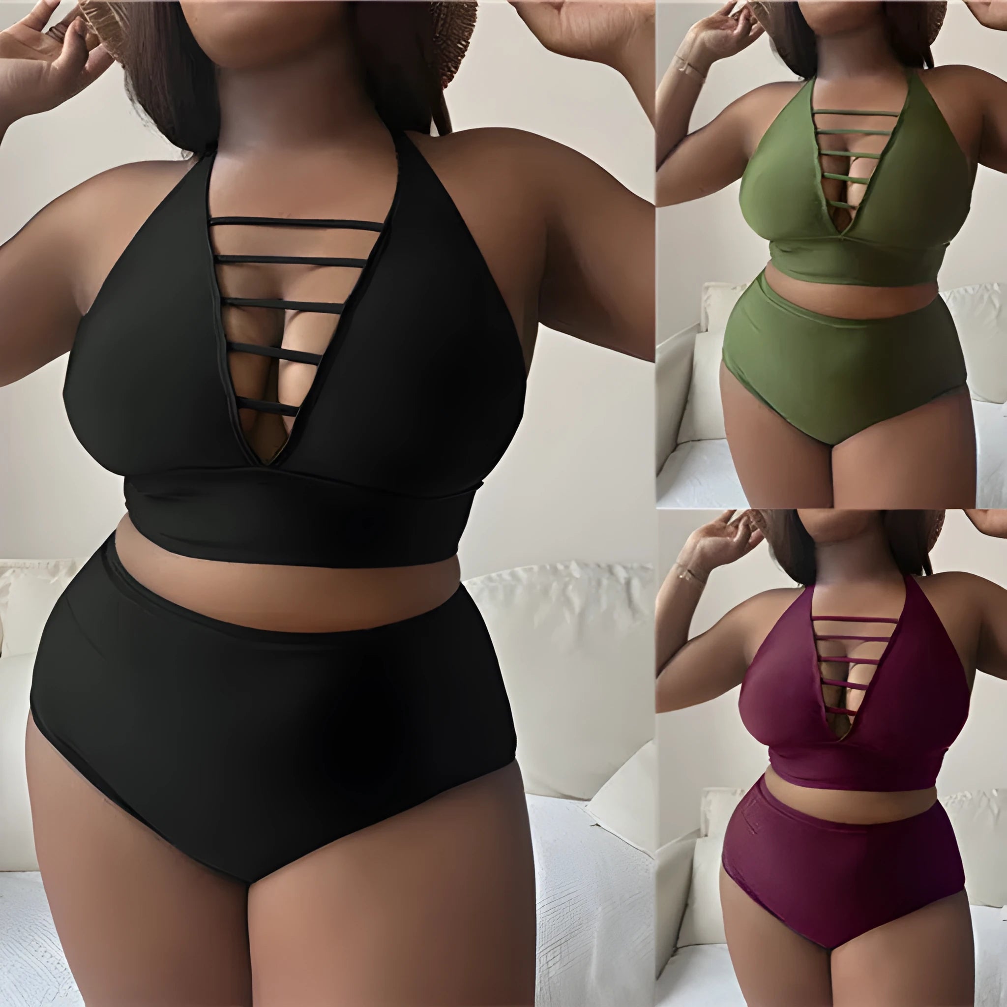 Plus size adjustable halter bikini with cross straps and high waist briefs in solid colour