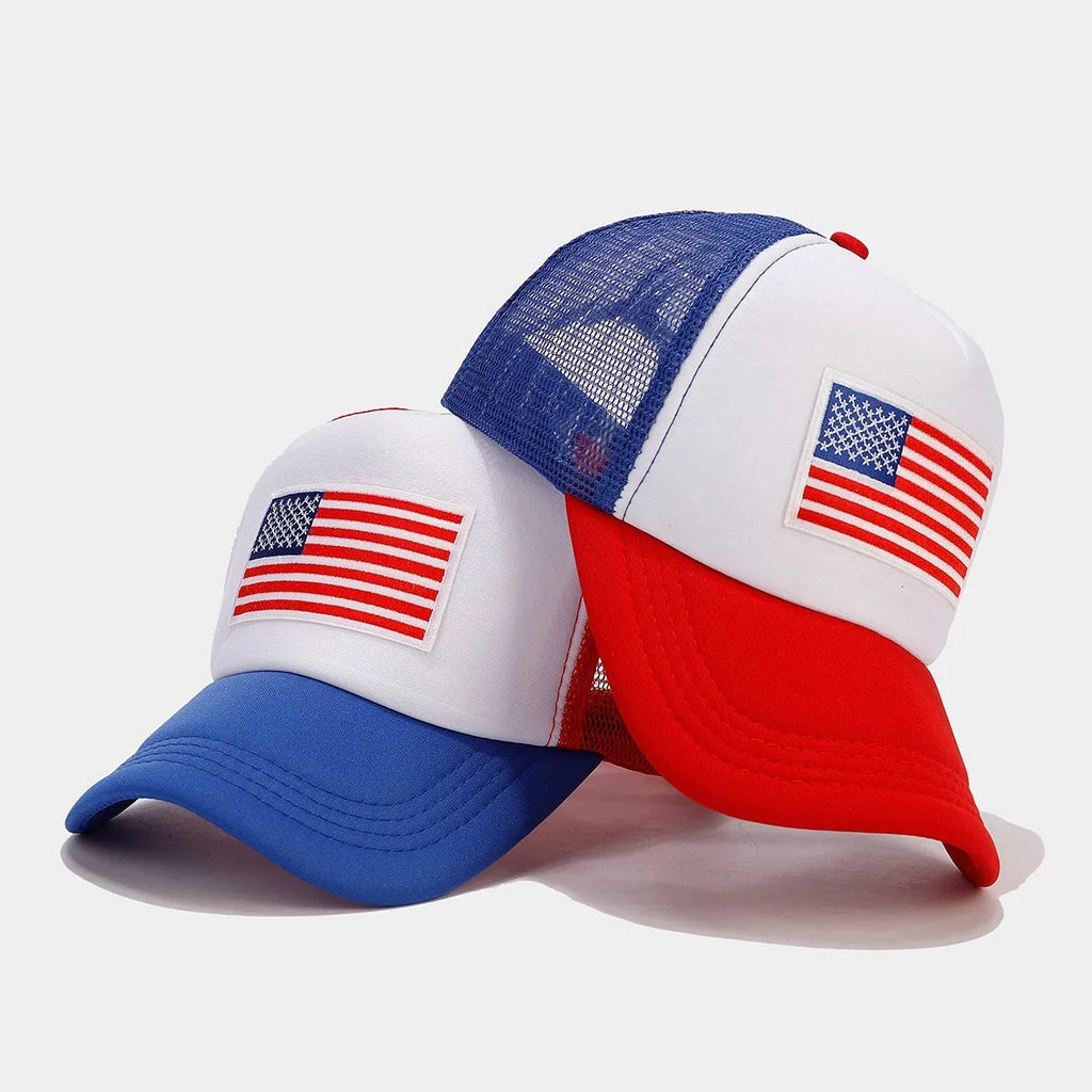 Red and blue contrast adjustable baseball cap with breathable mesh fabric.