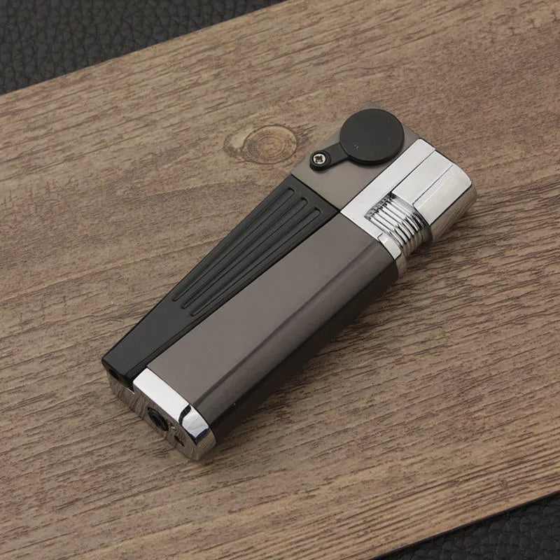 Silver foldable metal pipe lighter shown open, revealing lighter mechanism and small storage compartment.