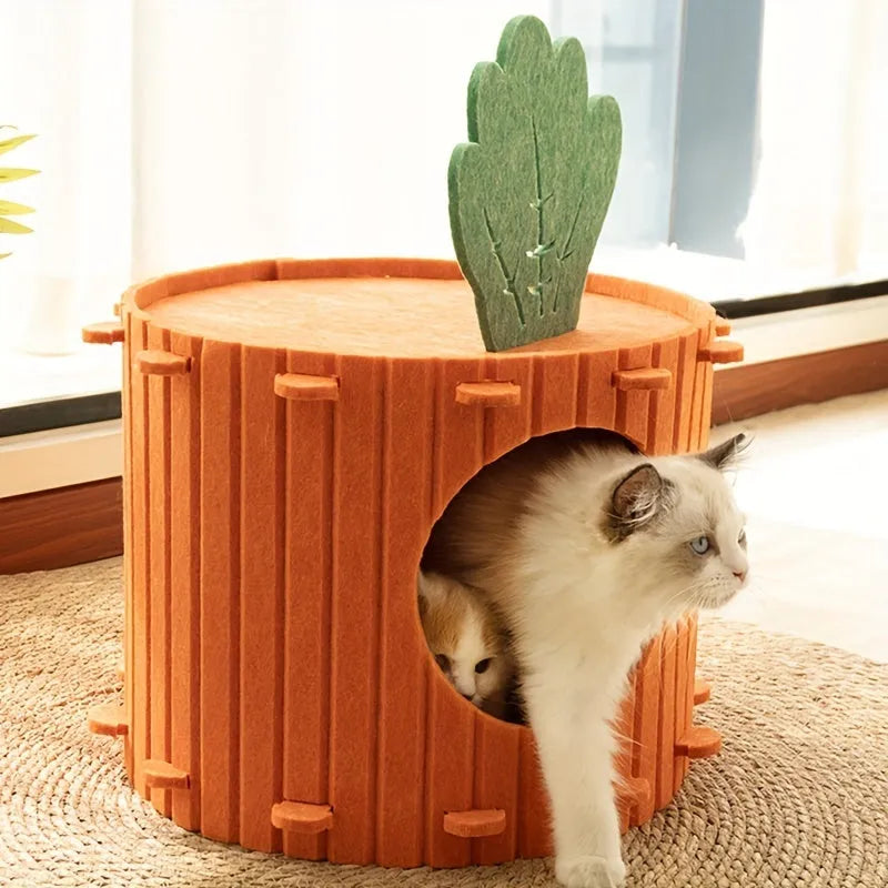 Orange felt carrot-shaped cat nest tunnel with a circular entrance hole, shown in two size options.