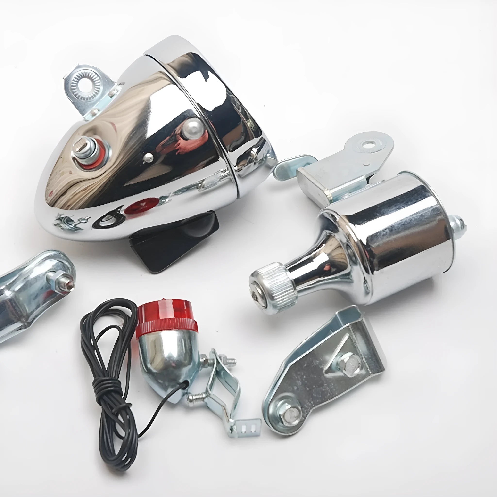 Silver aluminium bicycle dynamo generator light kit with wiring for headlight and tail light connections