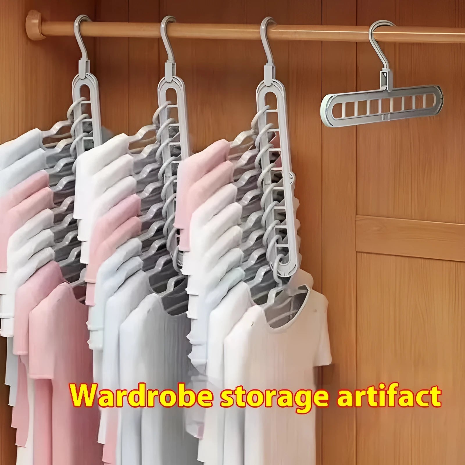 Green plastic nine-hole folding hanger for trousers shown open and folded.