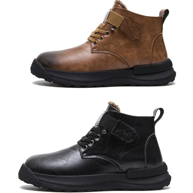 Men's black high-top Martin platform boots with velvet finish and rubber sole.