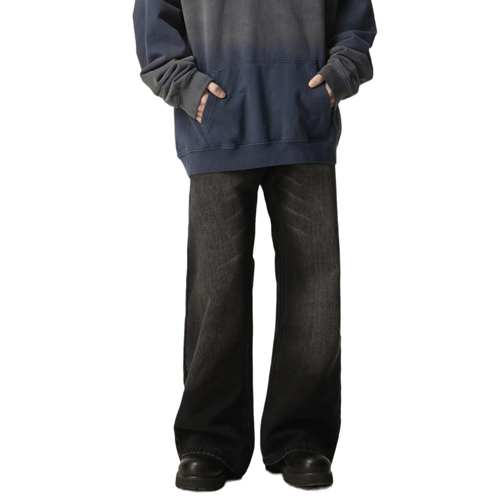 American retro black loose straight jeans with zipper fly on size chart