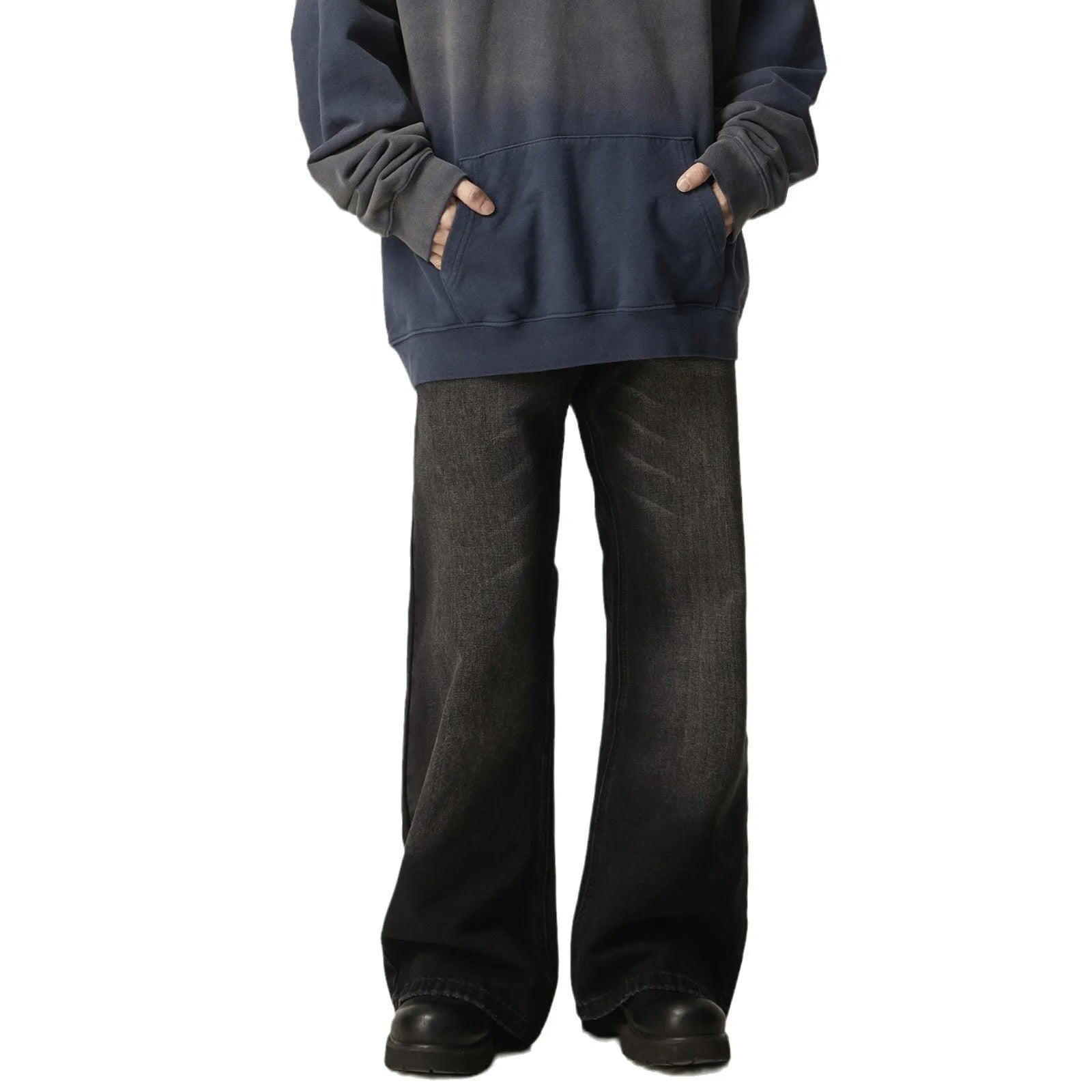 American retro black loose straight jeans with zipper fly on size chart