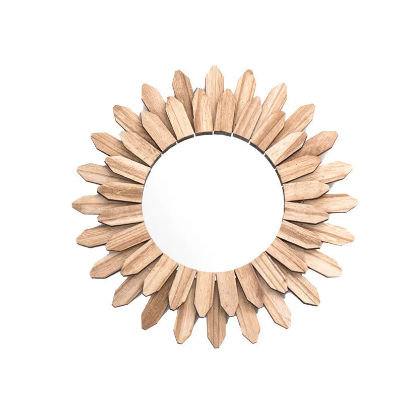 Solid wood European-style hanging mirror in baked colour on a wall