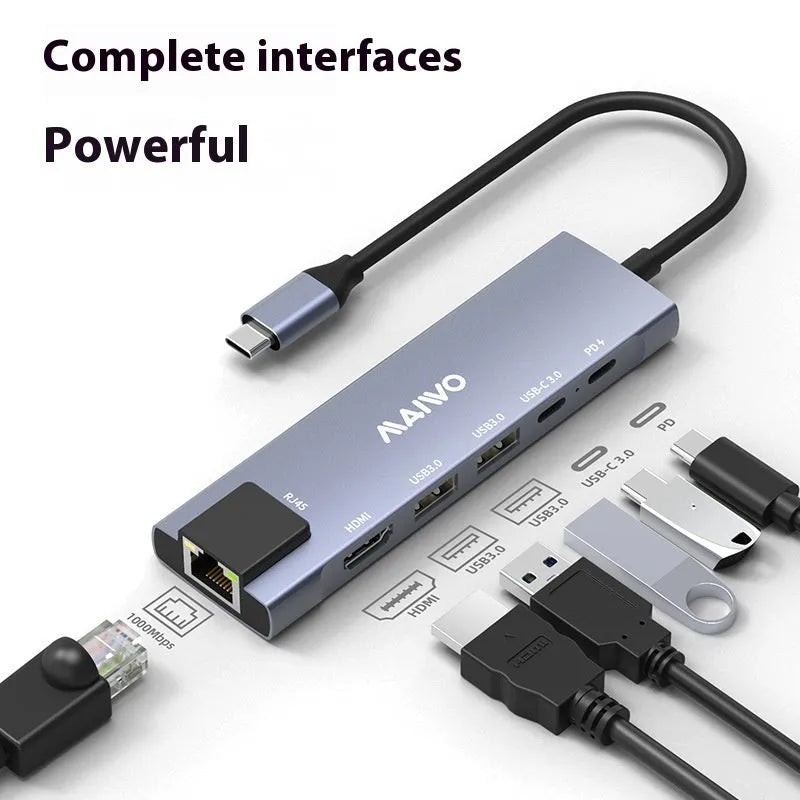 Steam Deck six-in-one docking station with Type-C cable, aluminium shell, HDMI, Ethernet, and USB ports.