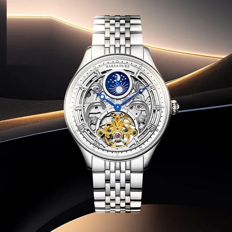 Men's business waterproof watch with stainless steel or leather strap in white or rose gold finish options
