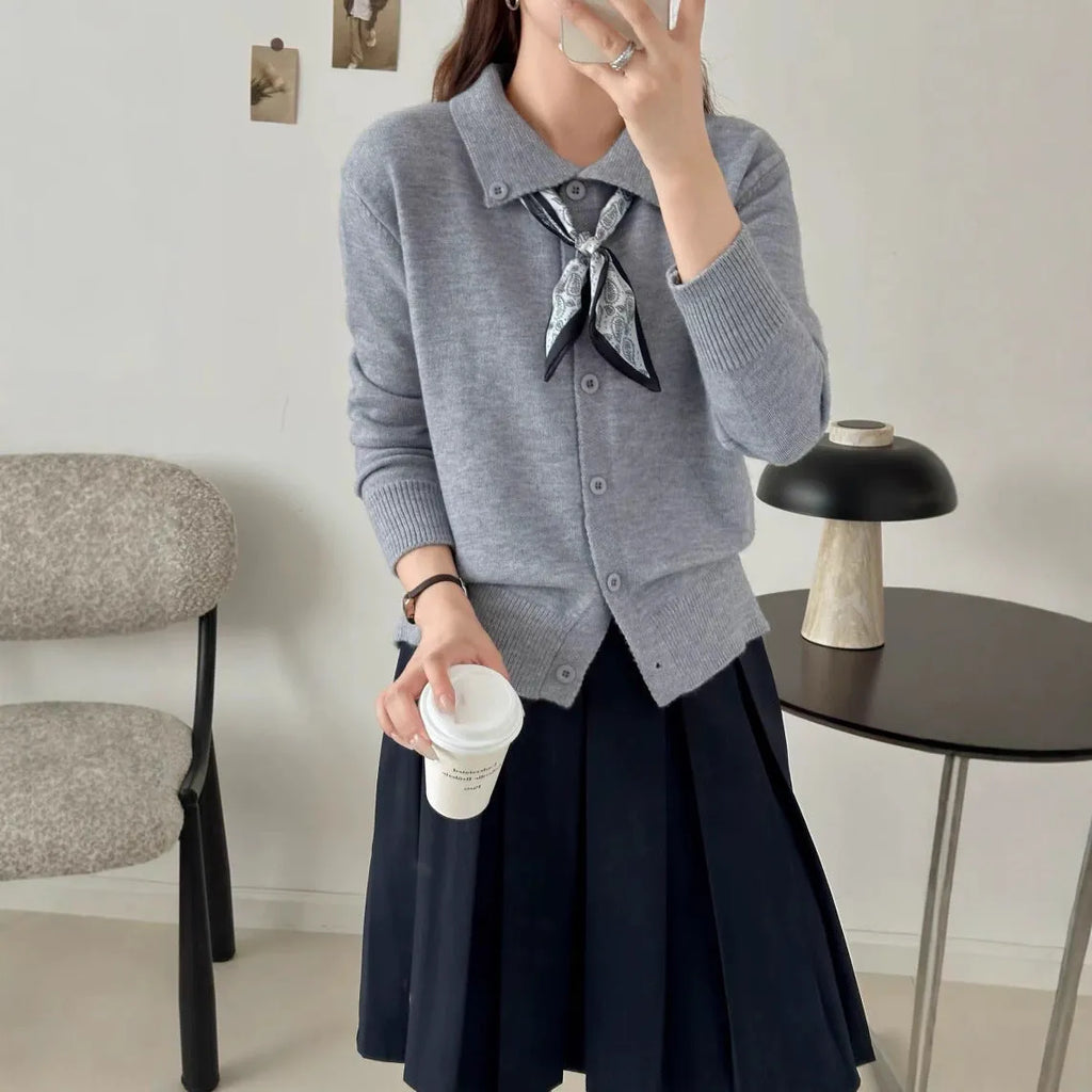 Women's lapel scarf collar acrylic cardigan sweater in milky white colour with long sleeves