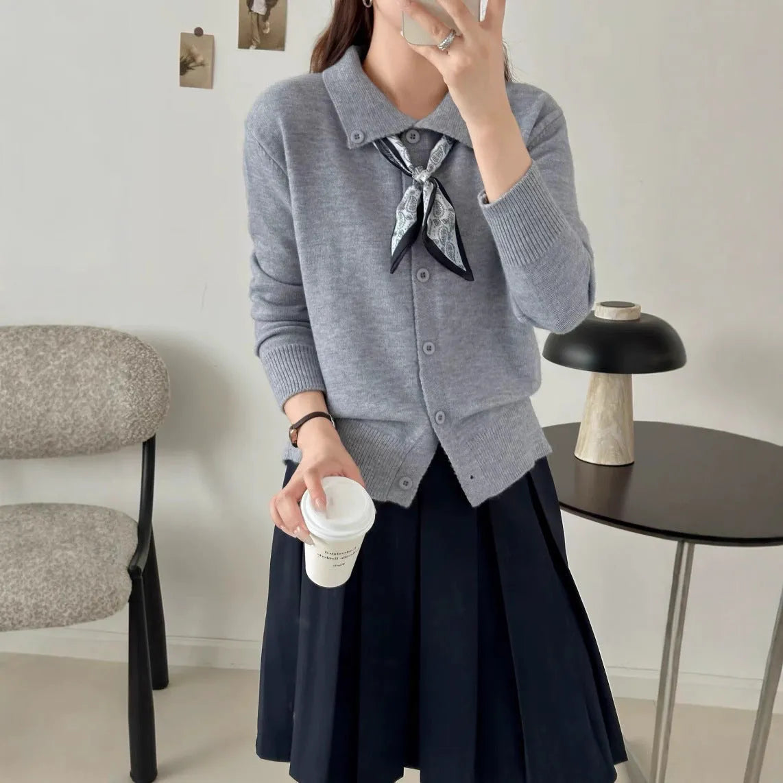 Women's lapel scarf collar acrylic cardigan sweater in milky white colour with long sleeves