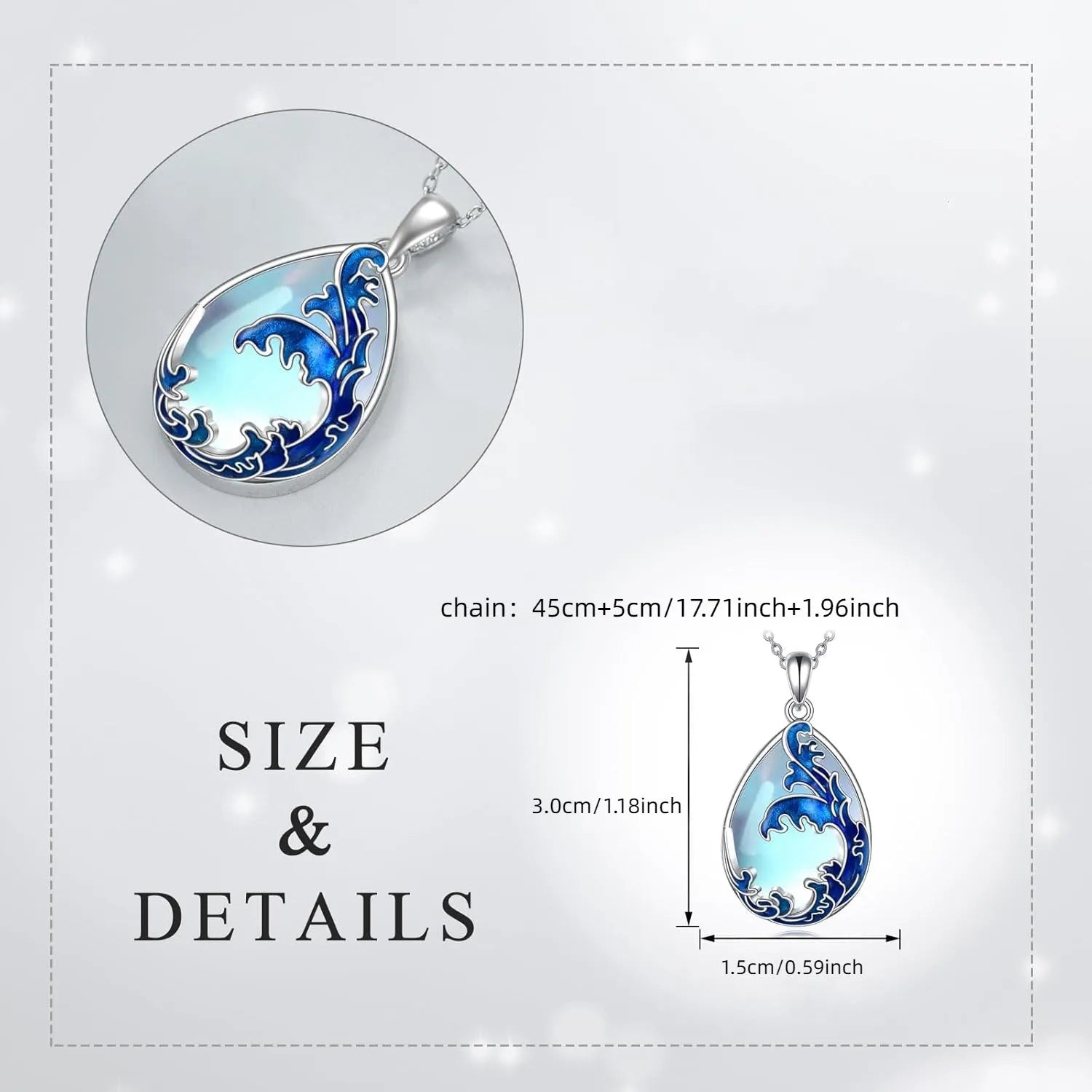 Moonstone blue heart pendant necklace with adjustable chain on display