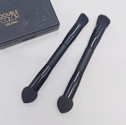 Double-headed miter sponge concealer brush with wooden handle and black artificial fibre bristles