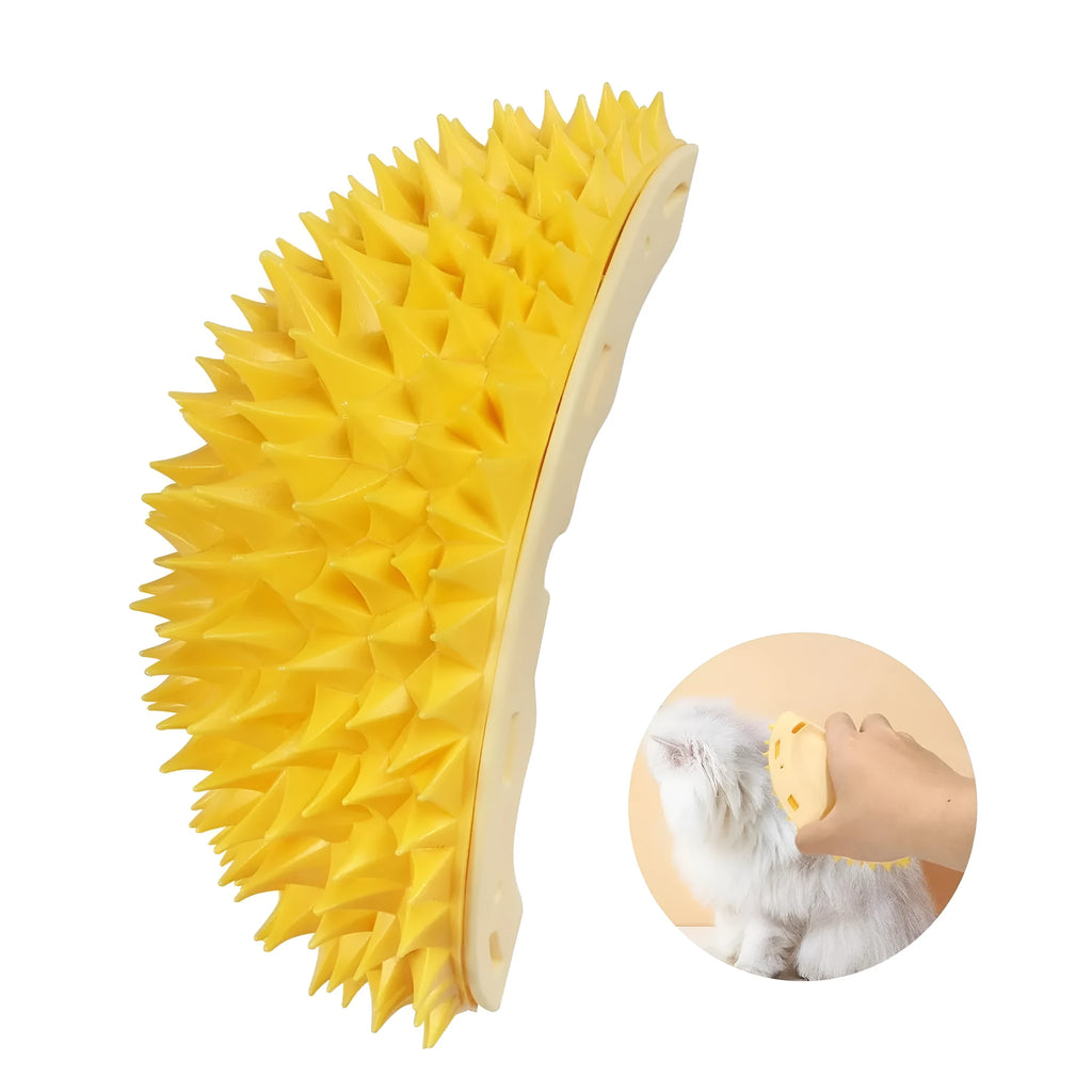Yellow durian-shaped cat corner scratcher and groomer mounted on a wall