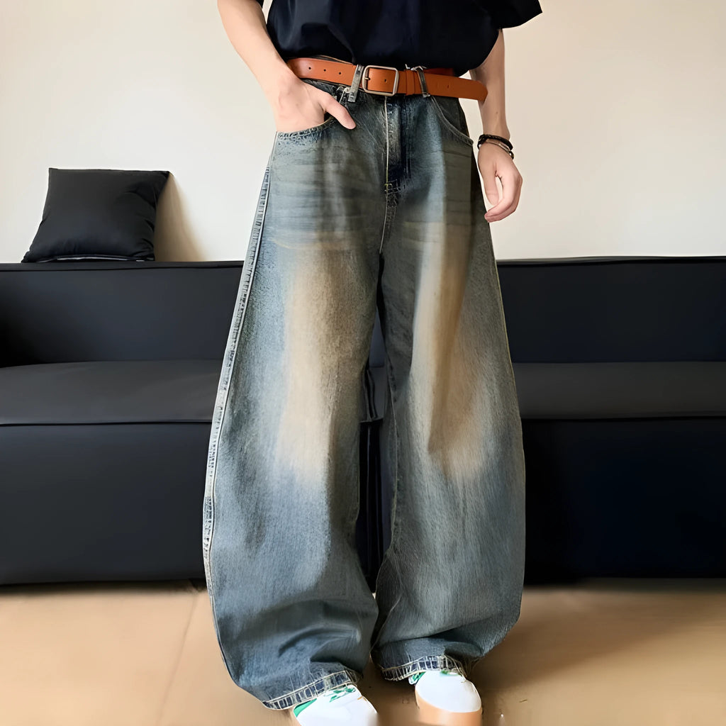Men's retro blue distressed denim pants with wide leg cut and micro elasticity fabric