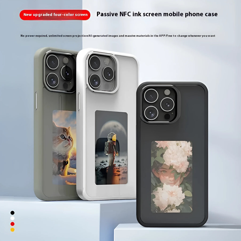 NFC Projection Screen E-ink iPhone case with integrated folding stand in graphite black