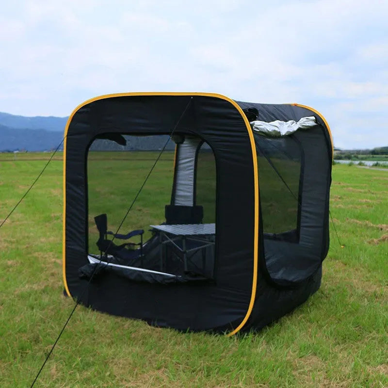 Black pop-up car tailgate tent unfolded to 200cm, showing quick-throw design and optional steel support rods.