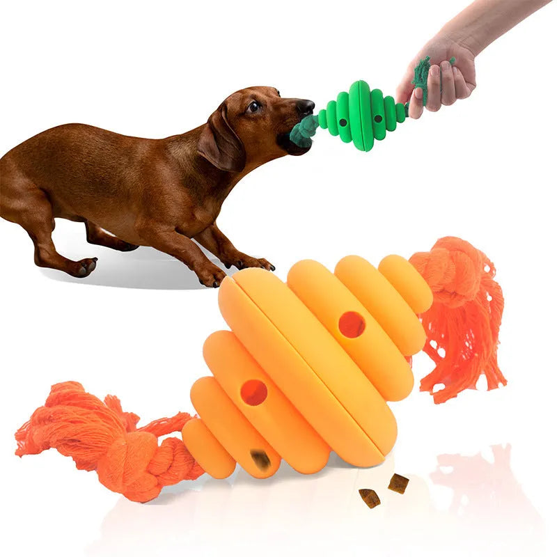 Large green and yellow dog ball with rope attachment for interactive play and treat dispensing