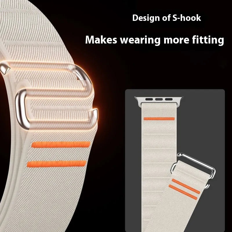 Elastic nylon sports band with stainless steel buckle for Apple Watch, shown in Army Green colour.
