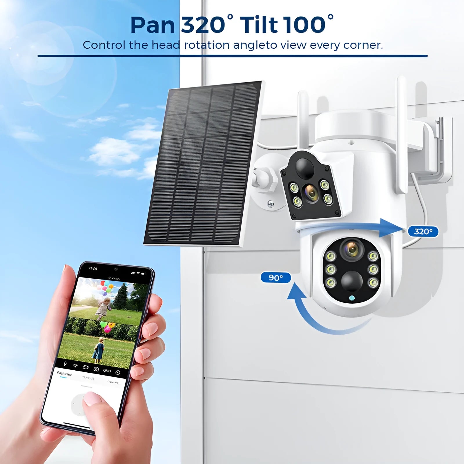 Outdoor solar-powered wireless WiFi security camera with solar panel on white background