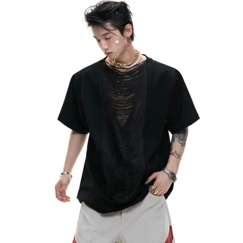 Men's black hollow out V-neck loose fit T-shirt with short sleeves and tassel detail