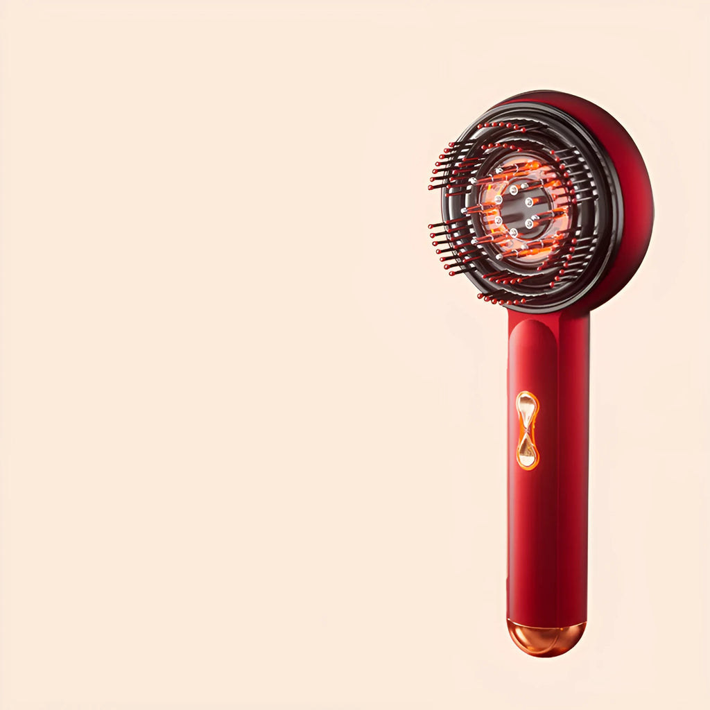 Black and red plastic electric massage comb for scalp with red and blue LED lights.