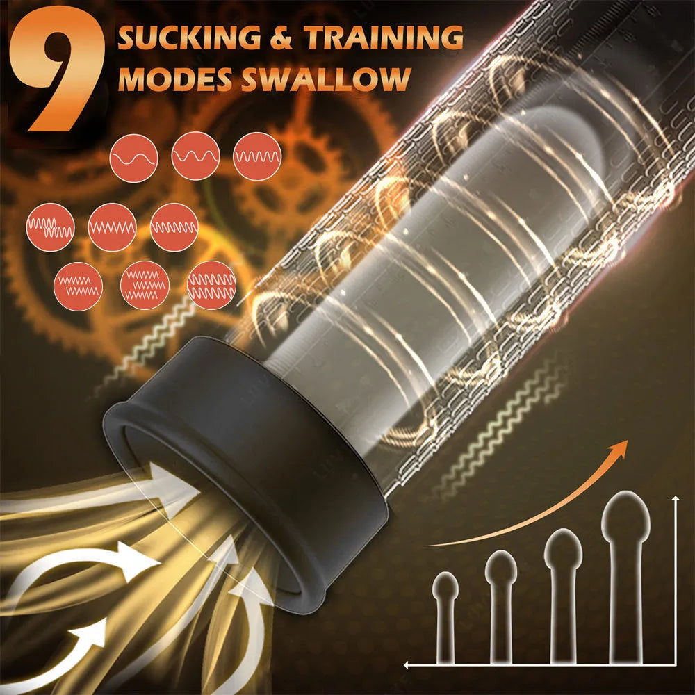 Handheld male masturbator with electric pump, shown in Diqiao Electric Training Pump colour.