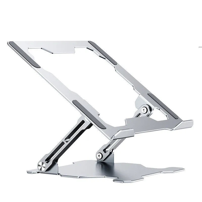 Grey aluminium laptop stand with adjustable angle and foldable design for 15-inch notebooks