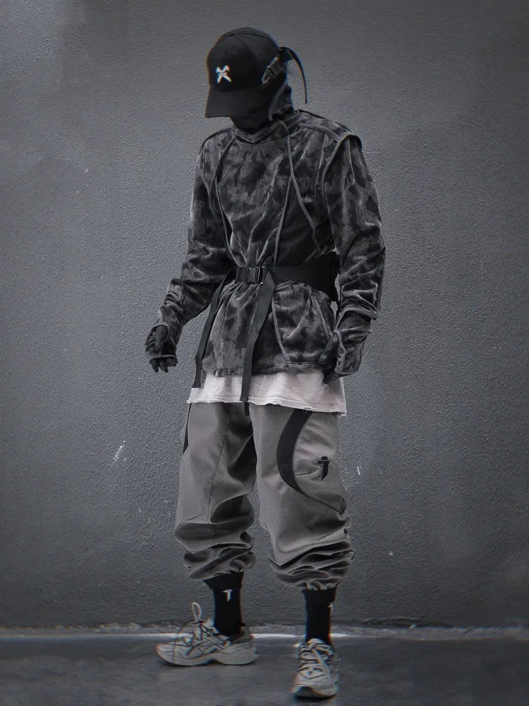 Men's black and grey tie dye pattern sweater with a finger turtleneck collar and drop shoulders.