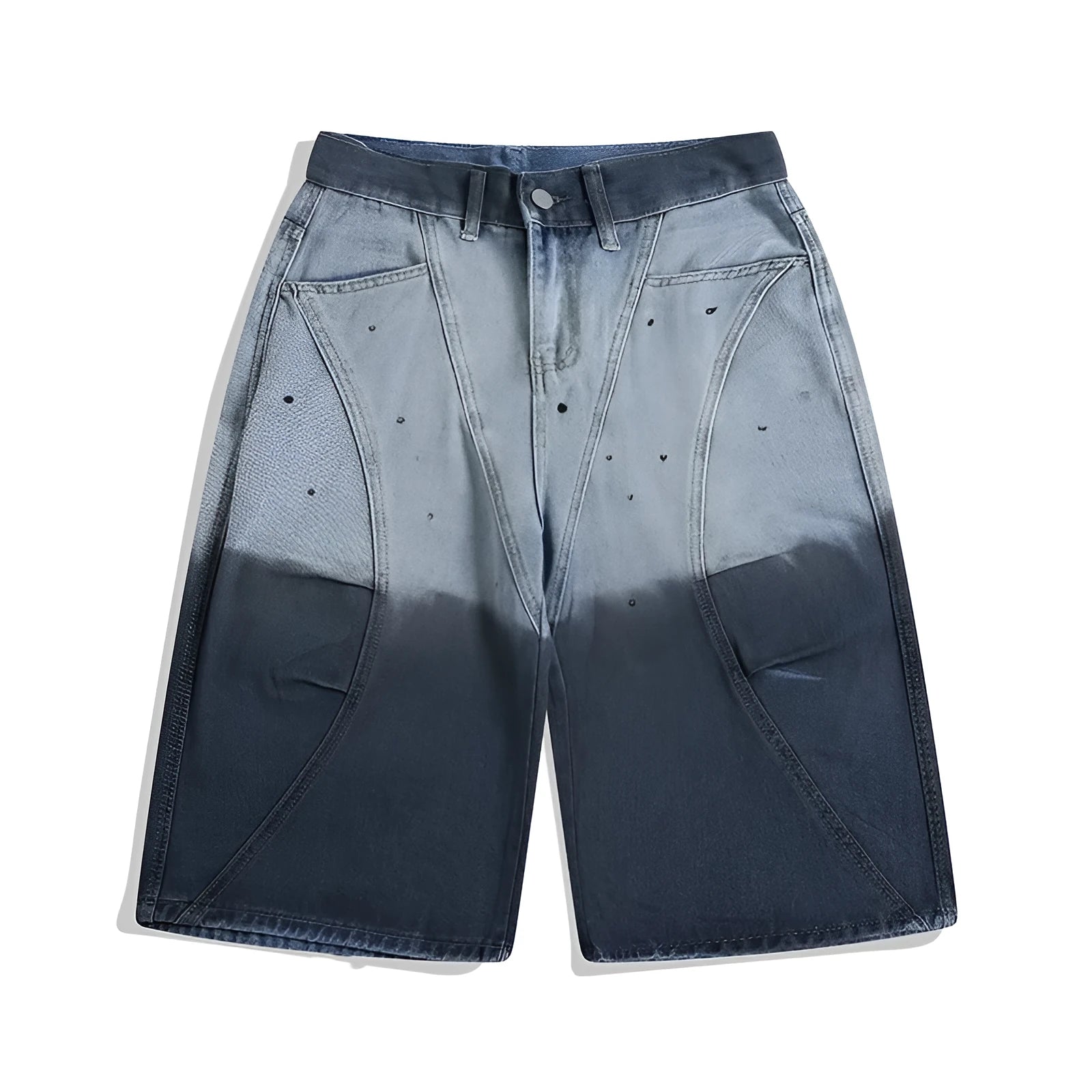 Blue tie-dye gradient cropped jeans with loose fit and washed-out appearance, mid waist casual pants
