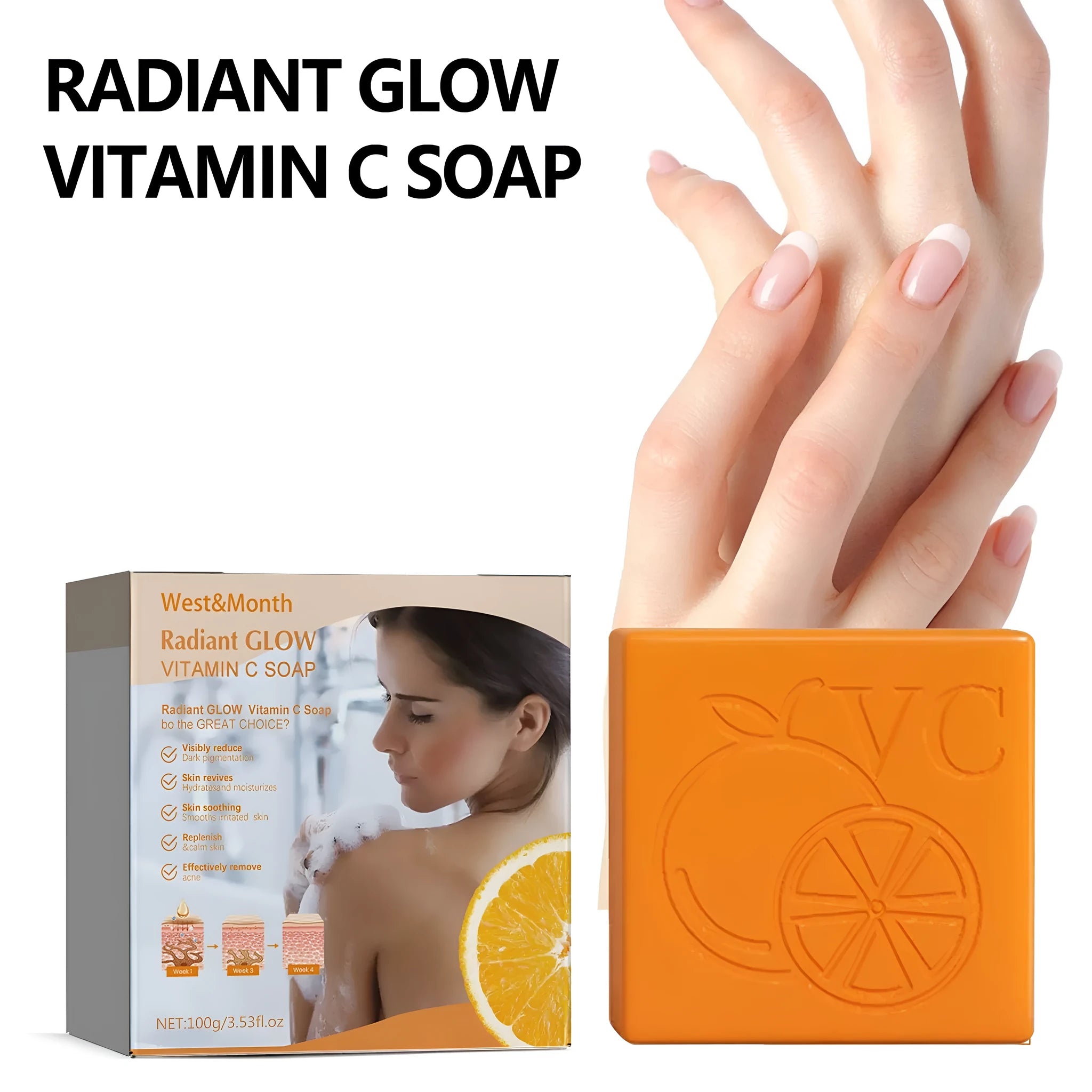 100g bar of whitening vitamin body care soap with kojic acid and botanical extracts.