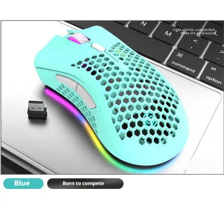 Wireless computer mouse with hollow-out design and luminous elements beside USB receiver