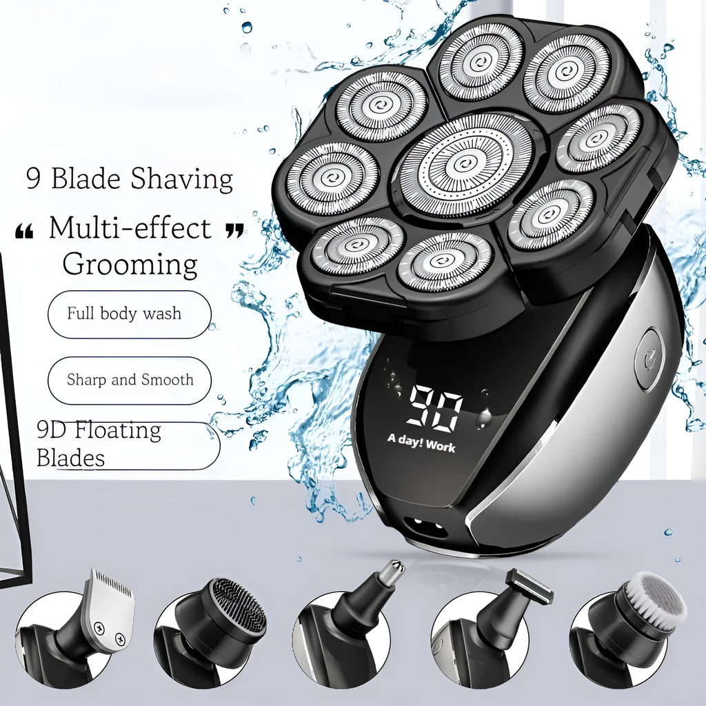 Black rechargeable 6-in-1 haircut kit with shaver, clipper, nose trimmer, attachments, and USB cable on a white background.