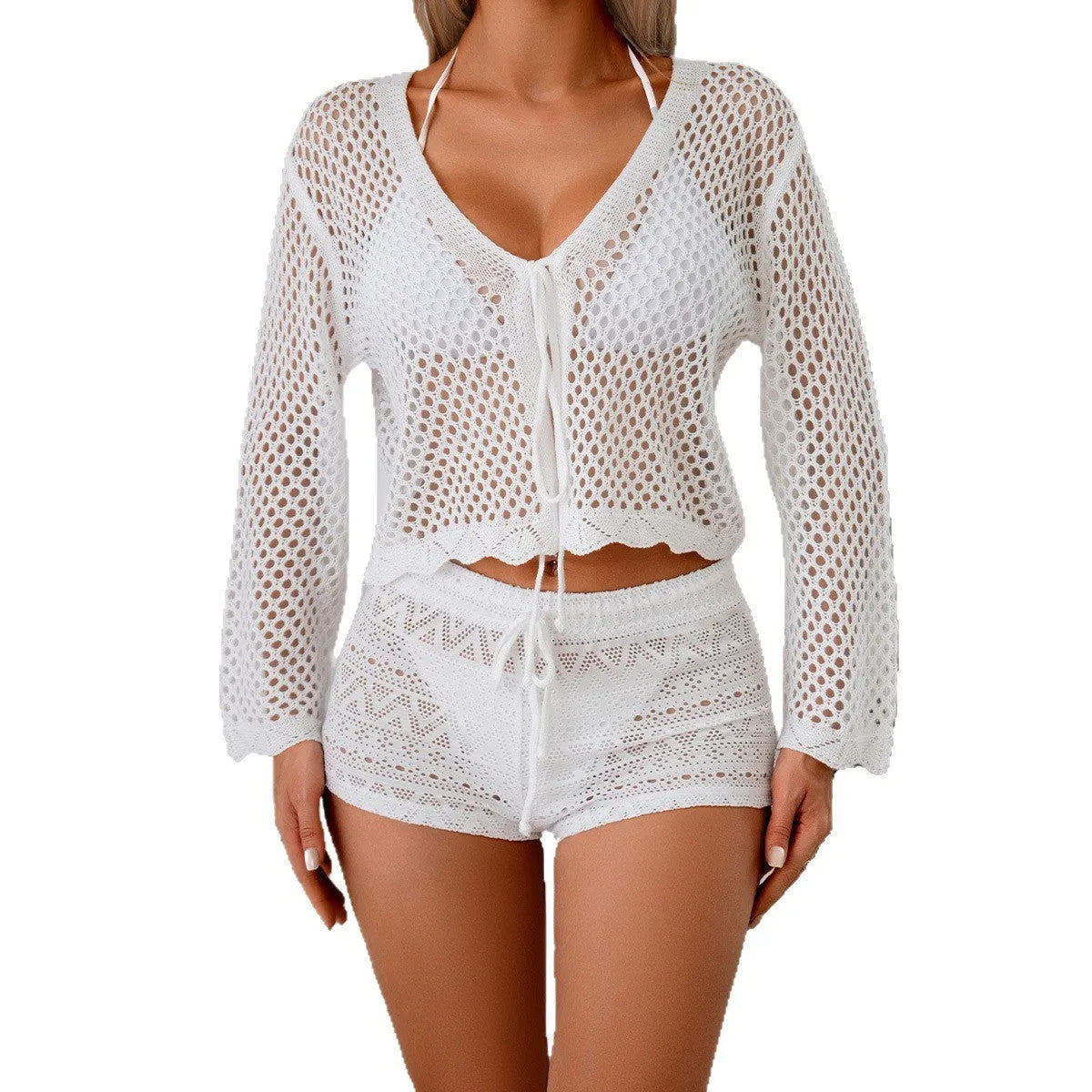 Women's apricot hollow woven cardigan blouse with bell sleeves, shown laid flat.