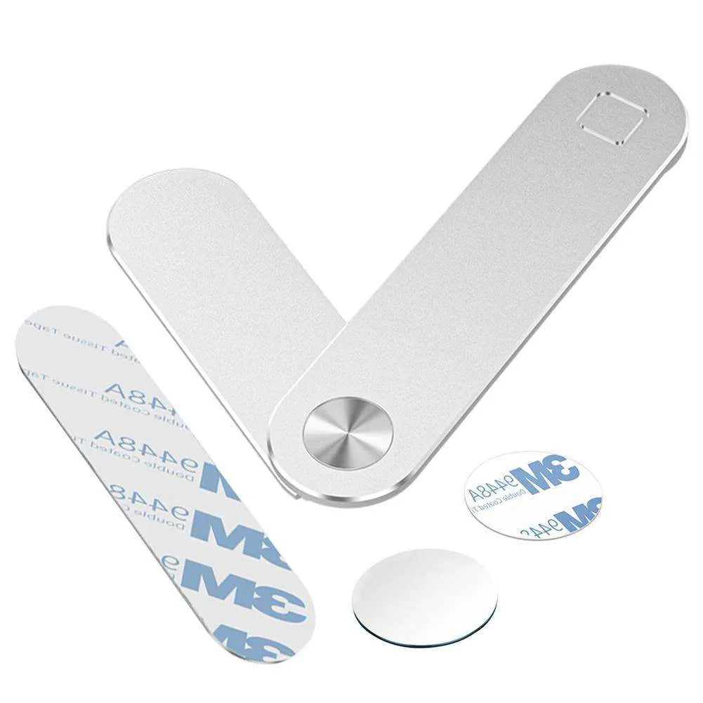 Aluminium laptop phone holder with magnetic clip mounted on laptop edge holding smartphone