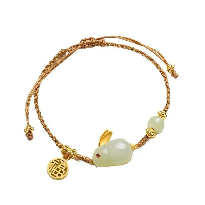 Hetian jade rabbit bracelet with geometric charm on yellow adjustable string