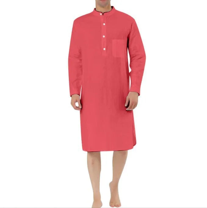 Men's cotton shirt-style robe with front pockets shown in multiple colour options.