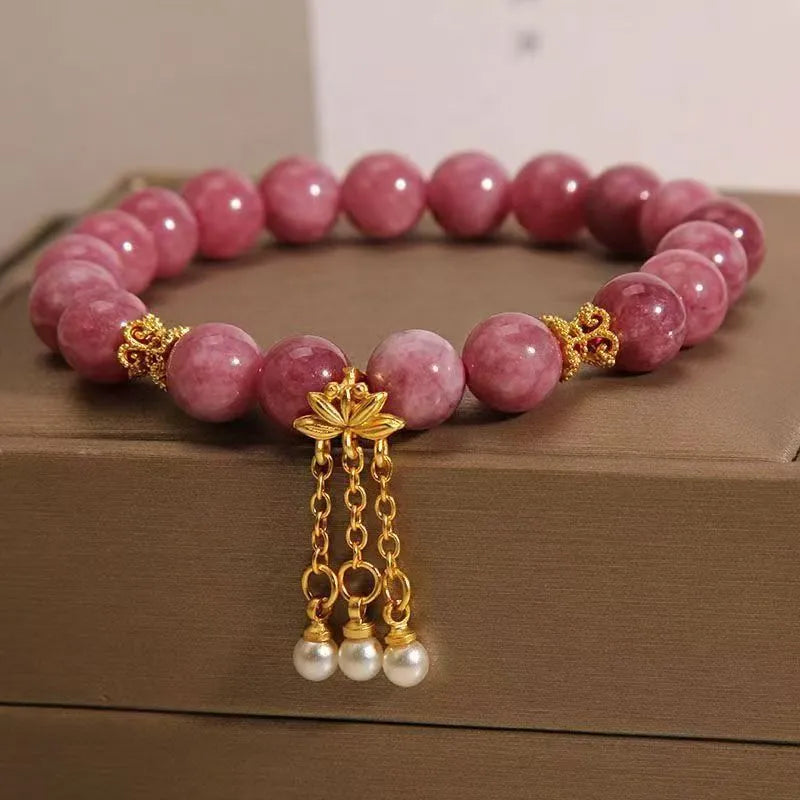 Pink lotus tassel natural stone bracelet with pearl pendant and crystal beads for women