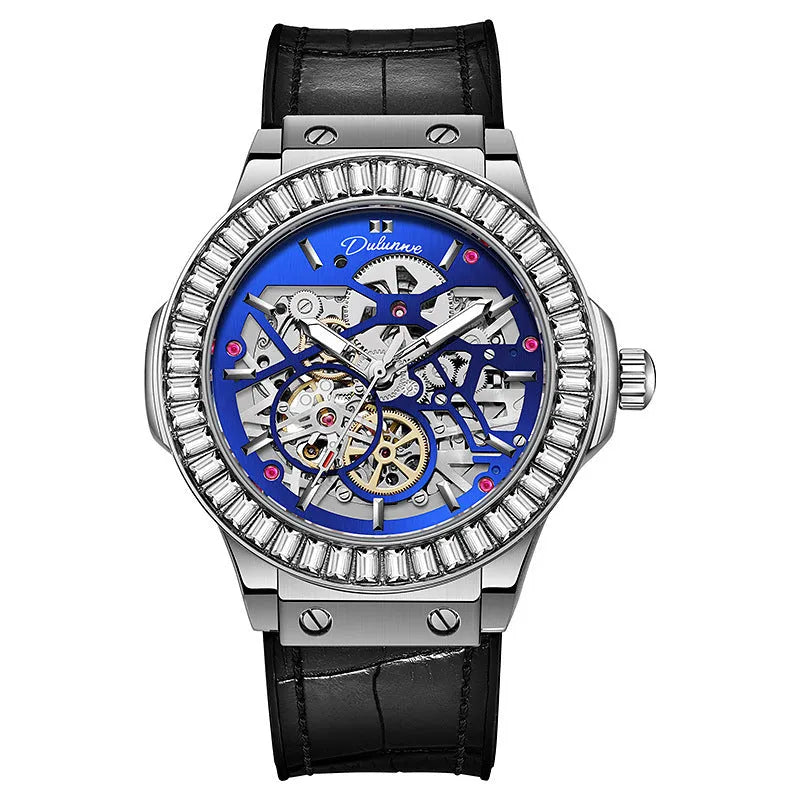 Men's automatic mechanical watch with diamond bezel and skeleton dial on white shell case.