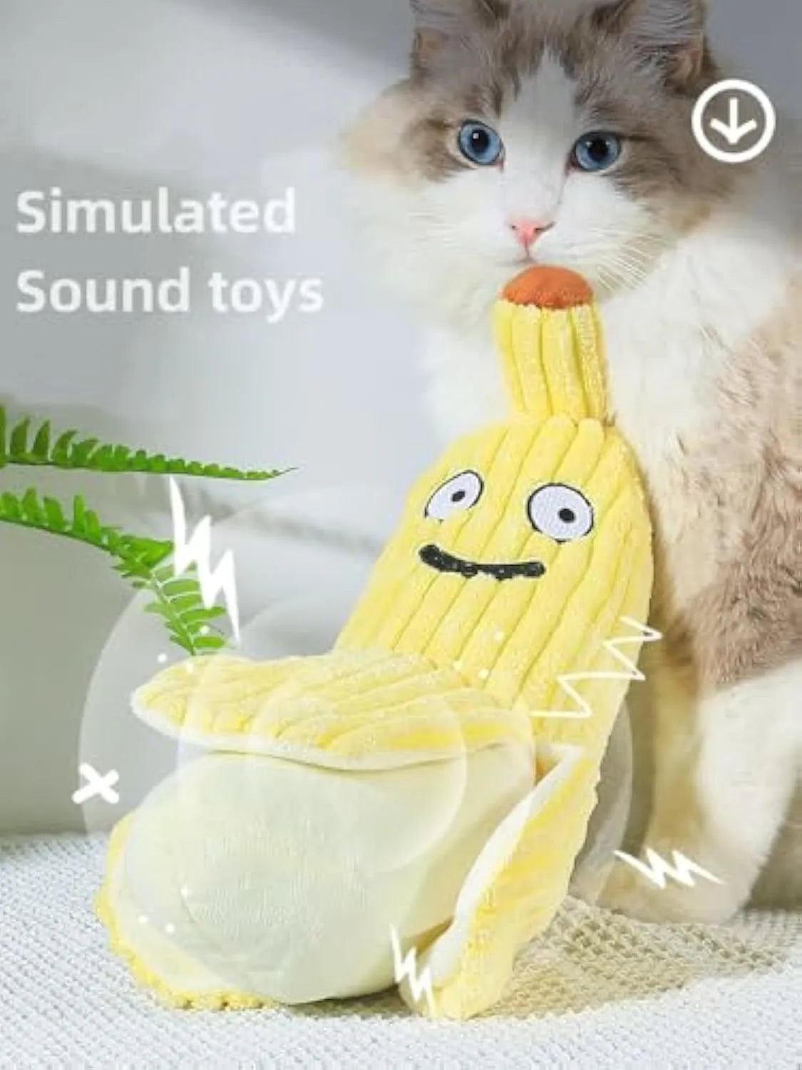 Yellow banana cat crinkle toy with plush fabric and velvet texture strip