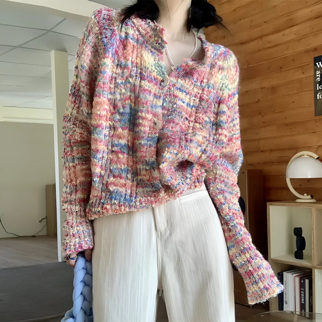 Retro gentle idle style knitted rainbow sweater cardigan in pink or green ice cream colours